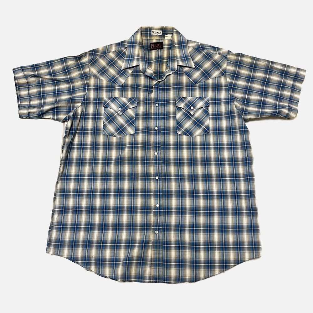 Plains Western Wear Tall Man Blue Plaid Pearl Snap Short Sleeve Shirt Size XLT